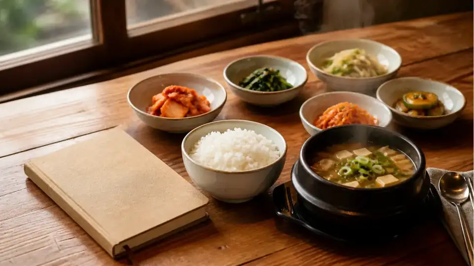 A warm Korean home-style meal set on a wooden table beside a travel notebook
