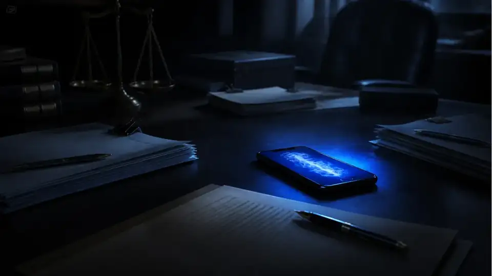 A moody smartphone on a lawyer's desk casting blue light across legal papers
