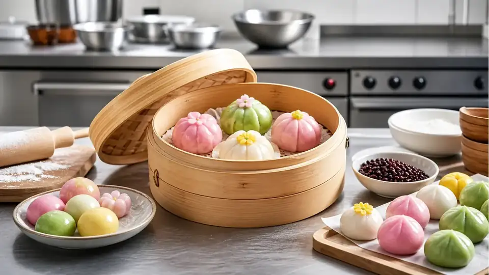 Editorial still life of colorful Korean rice cakes arranged on a stainless-steel kitchen counter