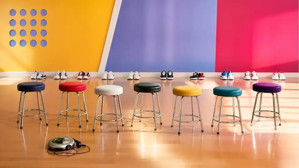 Seven empty rehearsal stools and a portable music player in a bright early-2000s-inspired dance studio