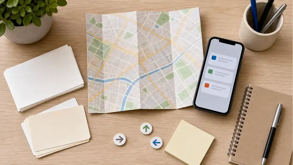 A clean public information desk with notice cards, a phone and a city map with no readable text