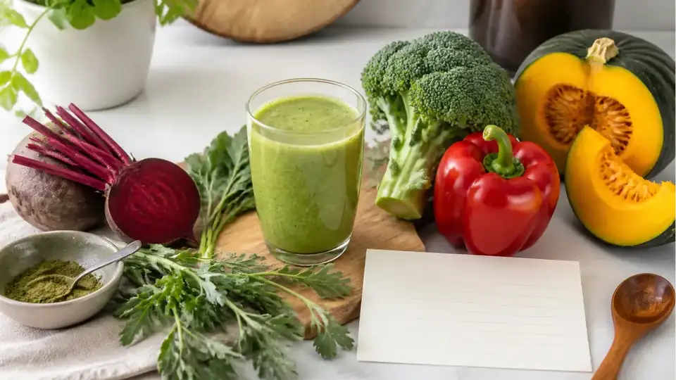 A home kitchen counter with a green mugwort shake, vegetables and a handwritten recipe card without readable text