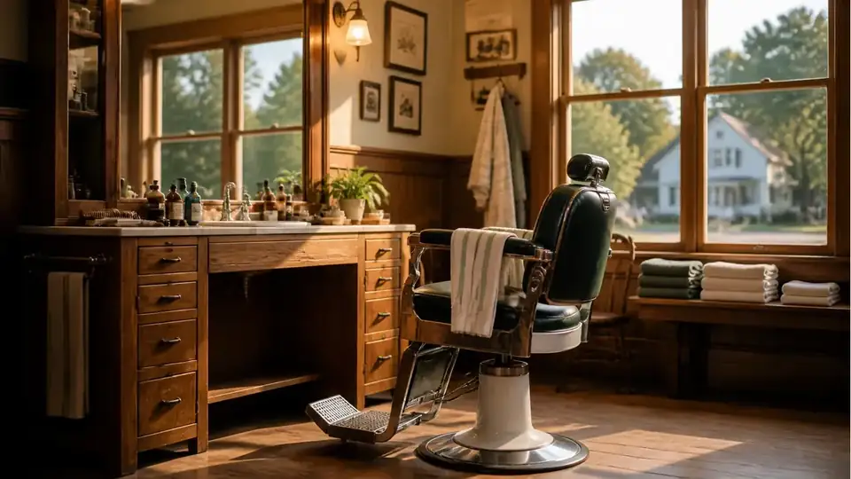 A cozy rural barbershop interior with an empty barber chair, mirror and warm afternoon light