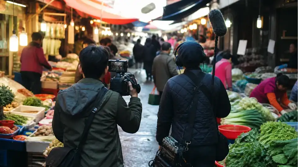 A compact documentary camera crew filming an early-morning market from behind