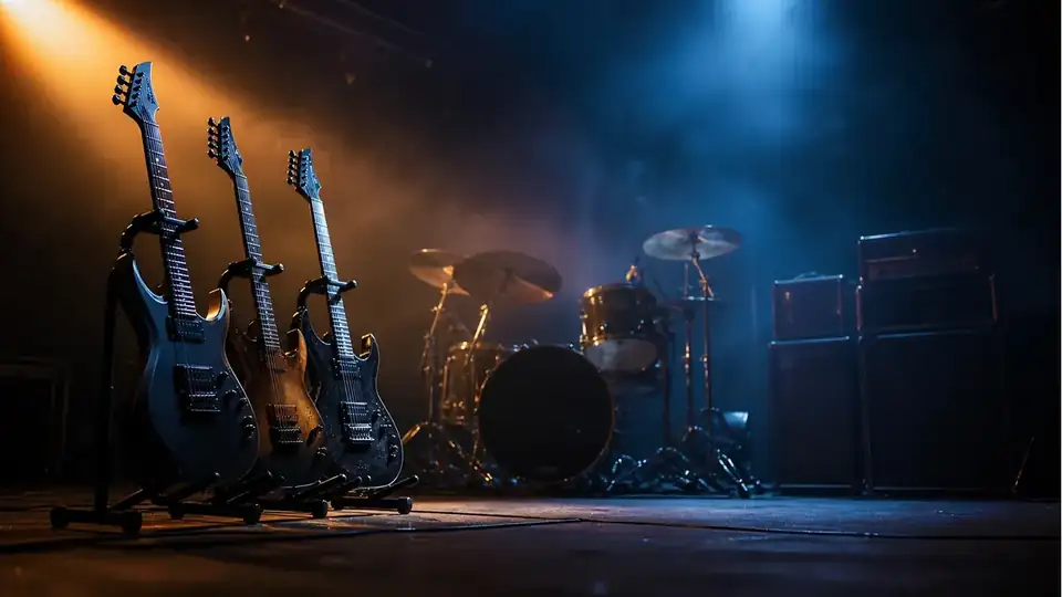 Electric guitars and a drum kit on a dark rehearsal stage with dramatic amber light